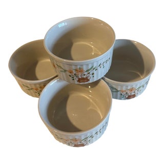 Vintage 1980 Countryside Stoneware Collection Souffle/Ramekin Dessert Dish Floral Basket - Set of 4 For Sale
