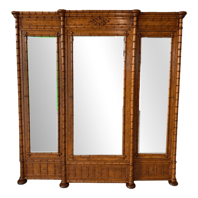 Antique Faux Bamboo Wardrobe with Mirror, Late 19th Century For Sale