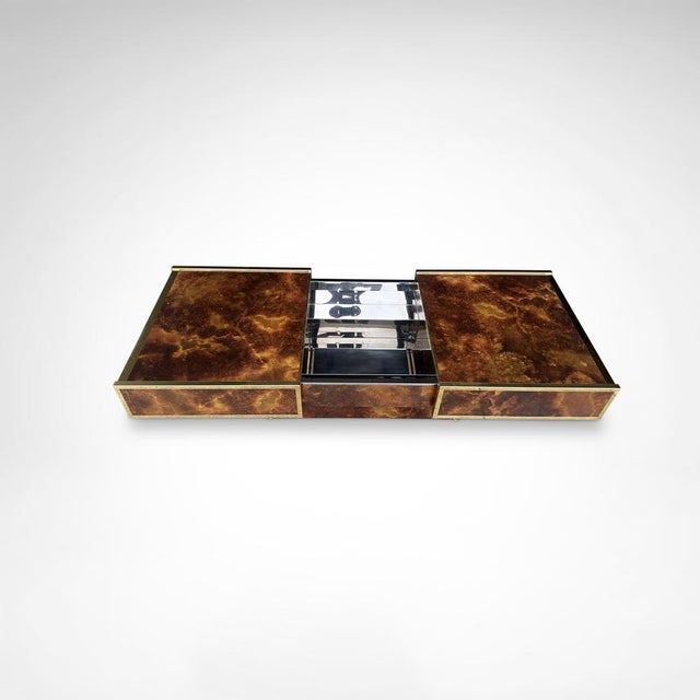 Hollywood Regency Coffee Table in Burl Wood and Brass Metal with Bar from Maison Lancel, France, 1980s For Sale - Image 3 of 10