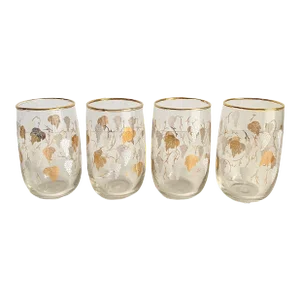 Mid Century 1960s Stemless Wine Glasses / Juice Glasses Gold Grape Bunches Set of 4