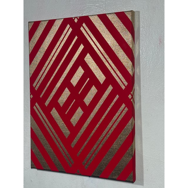 Mid-Century Modern Abstract Geometric Mid-Century Modern Op Art Painting on Canvas “Gold Royal Red” For Sale - Image 3 of 6