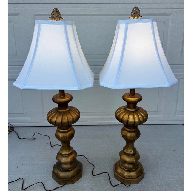 Pair of Monumental 1920s Italian Carved Giltwood Pineapple Table Lamps - 36" Tall Hollywood Regency For Sale - Image 16 of 18