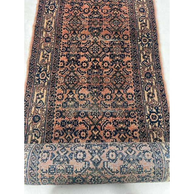 1940s Coral & Glowinng Blush with Indigo & Army Green Runner Rug 2.8 x 19.7 For Sale - Image 11 of 12