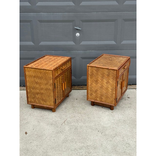 1980s 1980s Faux Bamboo and Herringbone Cane Nightstands - A Pair For Sale - Image 5 of 12