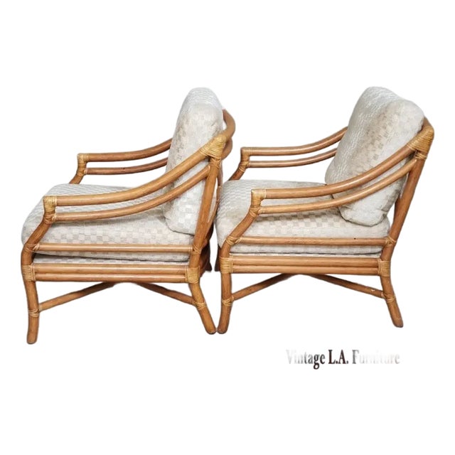 Pair of Vintage McGuire Bamboo Rattan Down Lounge Chairs Mid Century Modern For Sale