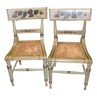 Vintage Pair Green Hitchcock Style Painted / Stenciled Dining or Side Chairs With Cane Seats For Sale