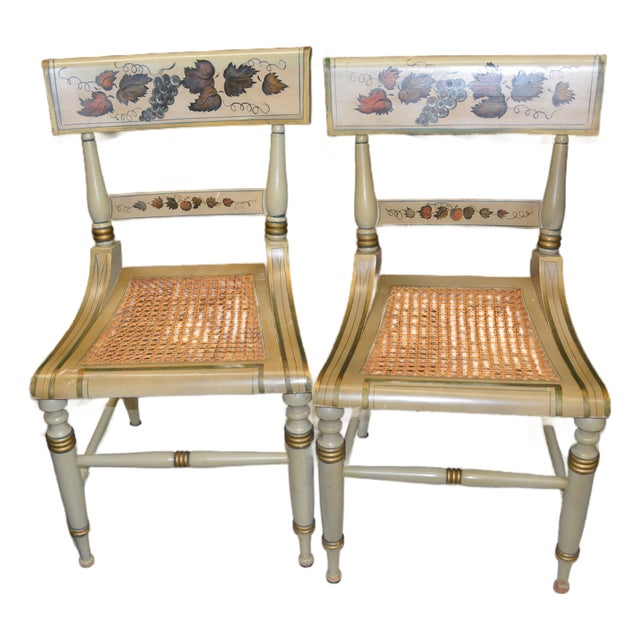 Vintage Pair Green Hitchcock Style Painted / Stenciled Dining or Side Chairs With Cane Seats For Sale