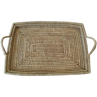 Vintage Woven Wicker Tray with Handles For Sale