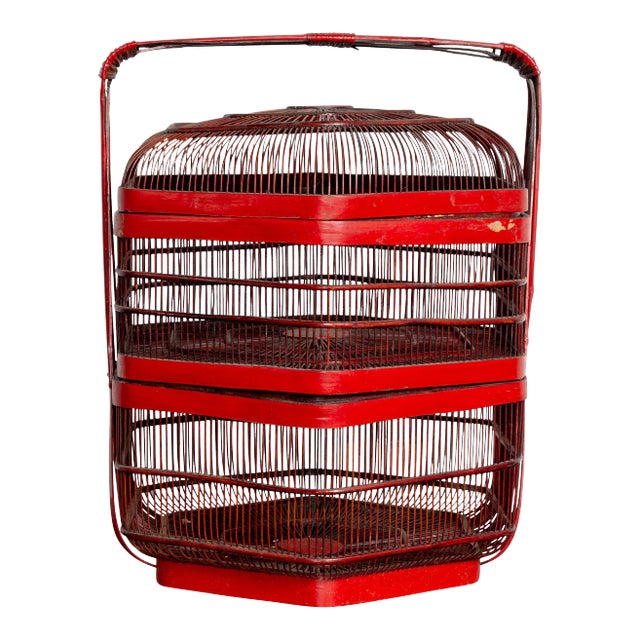 Vintage Chinese Red Lacquered Bird Cage with Handle and Hexagonal Base For Sale