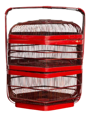 Vintage Chinese Red Lacquered Bird Cage with Handle and Hexagonal Base