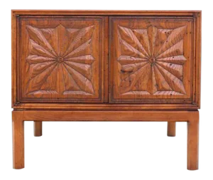 Vintage Mid Century Cube Shape Carved Front Stand End Table Cabinet