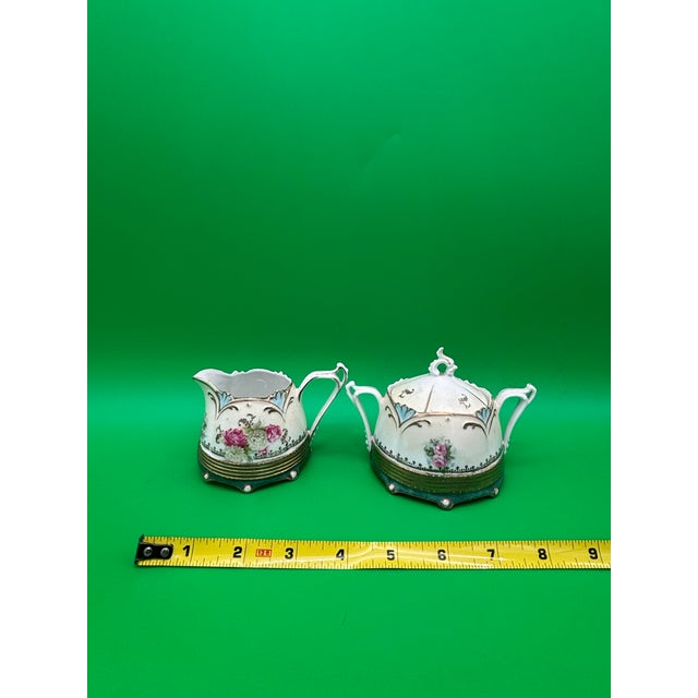 Antique Rs Prussia Rose & Peony Art Deco Style Creamer and Covered Sugar Set For Sale - Image 10 of 12