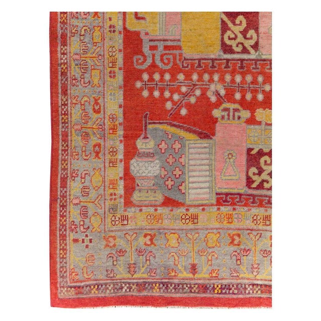 Rustic Galerie Shabab Collection Early 20th Century East Turkestan Pictorial Vase Khotan Small Gallery Rug in Red For Sale - Image 3 of 8