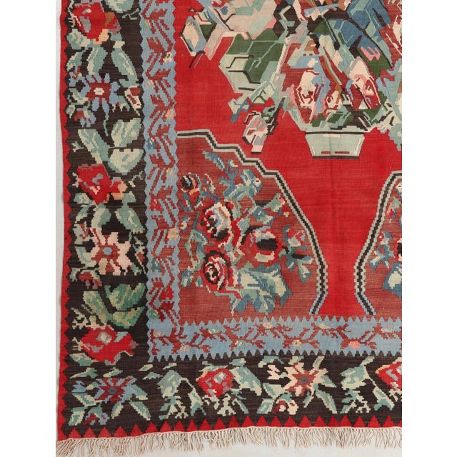 Vintage Mid-Century Bessarabian Kilim Red Floral Flat Weave Rug Room Size For Sale - Image 9 of 12