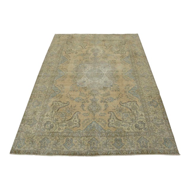 Tabriz Rug 9’10” X 12’9” Beige Wool Vintage Distressed Hand-Knotted Carpet For Sale