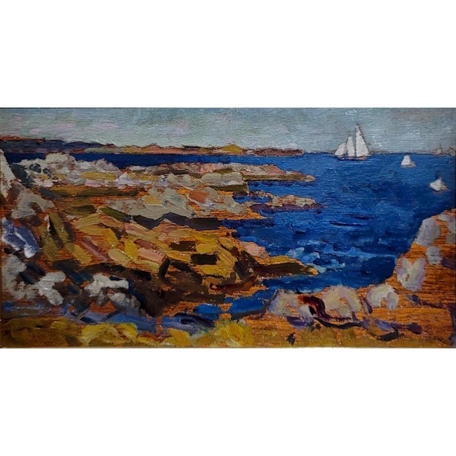 Arthur Bowen Davies- 1920s Maine Shoreline With Sailing Ship -Oil Painting For Sale - Image 4 of 10
