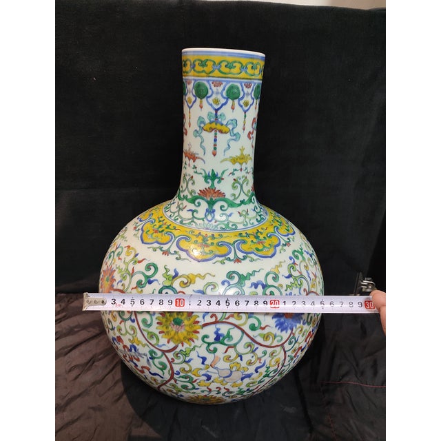 Chinese Ceramic Vase Qing Dynasty Qianlong Marked Doucai Porcelain Tianqiu Vase Hand Painted Hidden Eight Immortals Pattern For Sale - Image 10 of 11