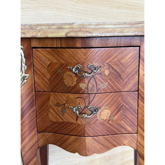 Pair Antique French Louis XV Marquetry Marble Top Nightstands with Two Drawers For Sale - Image 11 of 18