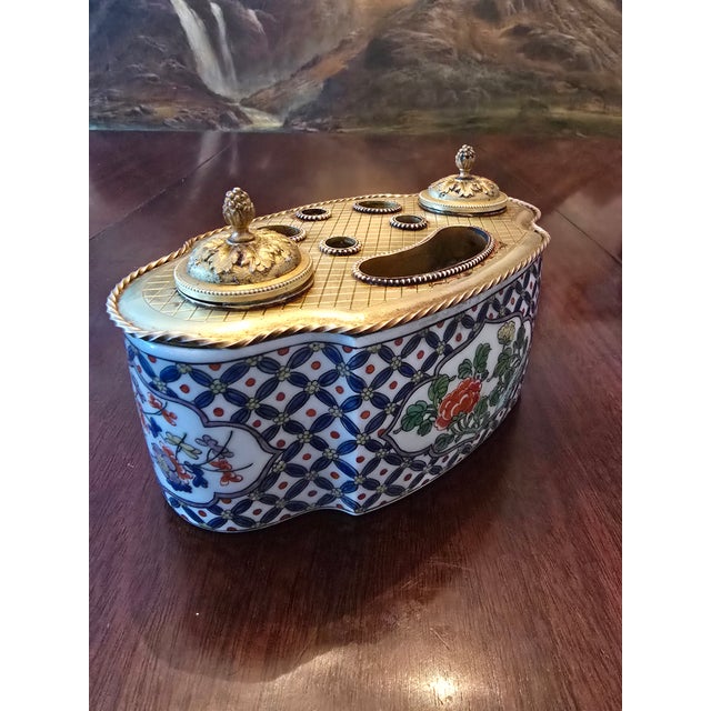 1910s Pre Mid Century Jewel Box Inkwell Bronze Porcelain For Sale - Image 9 of 11