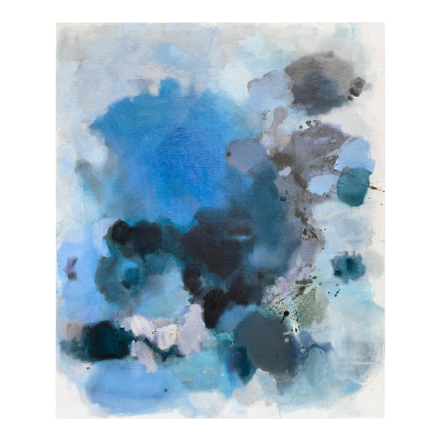 Large Atmospheric Blue Lyrical Abstraction Painting by Stacey Warnix With Deep Indigo Accents For Sale