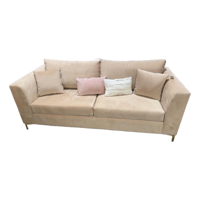Contemporary Pink Sofa With Four Pillows For Sale