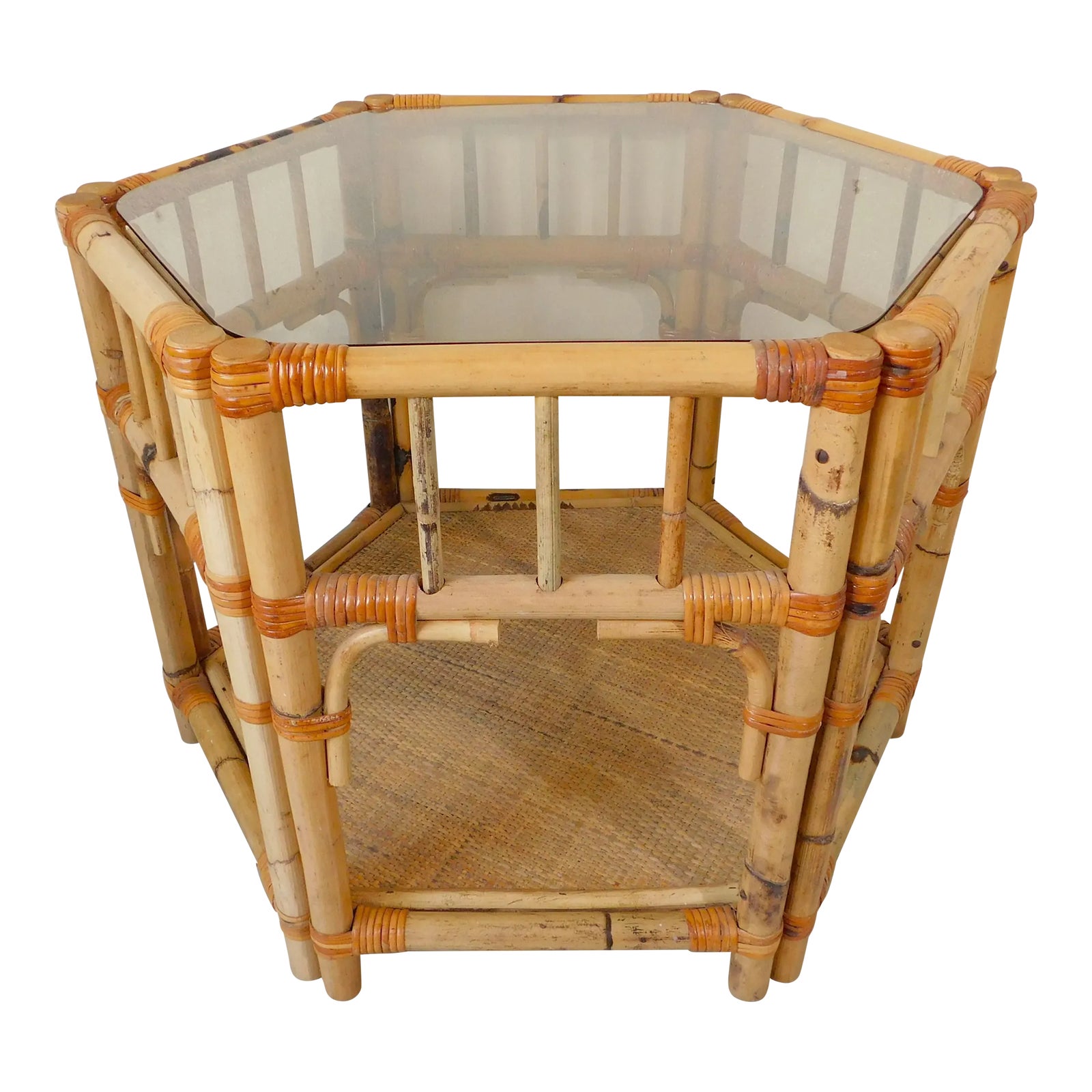 Vintage Mid Century Tortoise Shell Rattan Bamboo Hexagon Glass Top Side ...