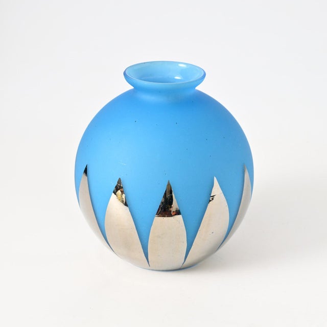 Spherical Blue Frosted Glass Vase with Silver Mirror Decoration, 1940s For Sale - Image 3 of 8