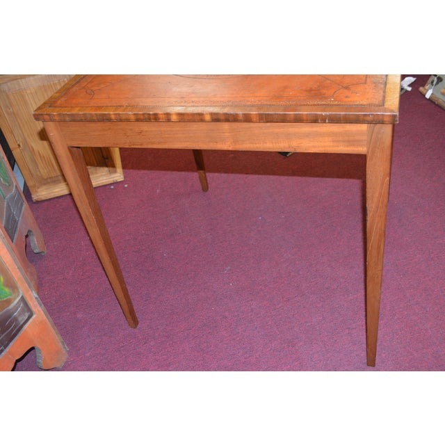 Vintage English Tan / Gold Leather Topped Square Wooden Game or Card Table For Sale - Image 9 of 18