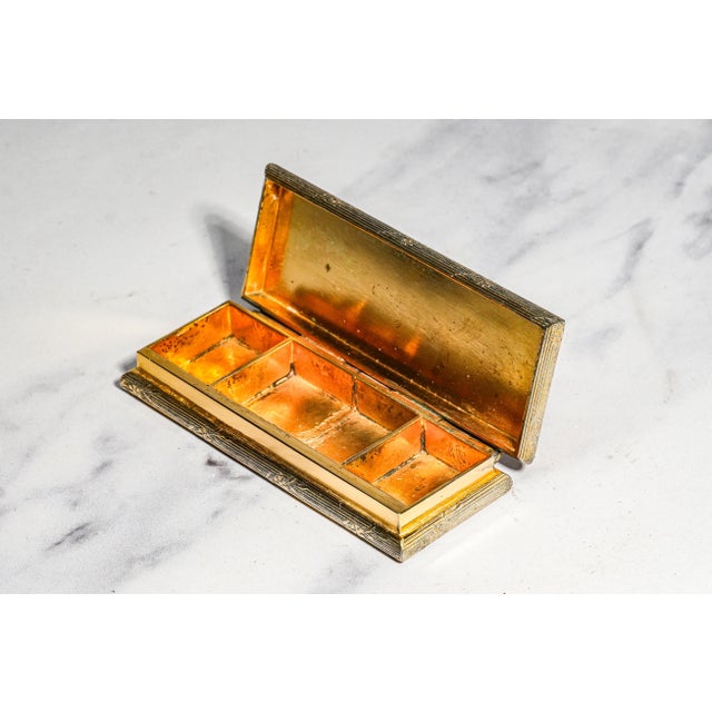 Metal Heavy Antique Meriden Stamp Box Gold Gilt Desk Paperweight Accessory Home Office Decor For Sale - Image 7 of 13