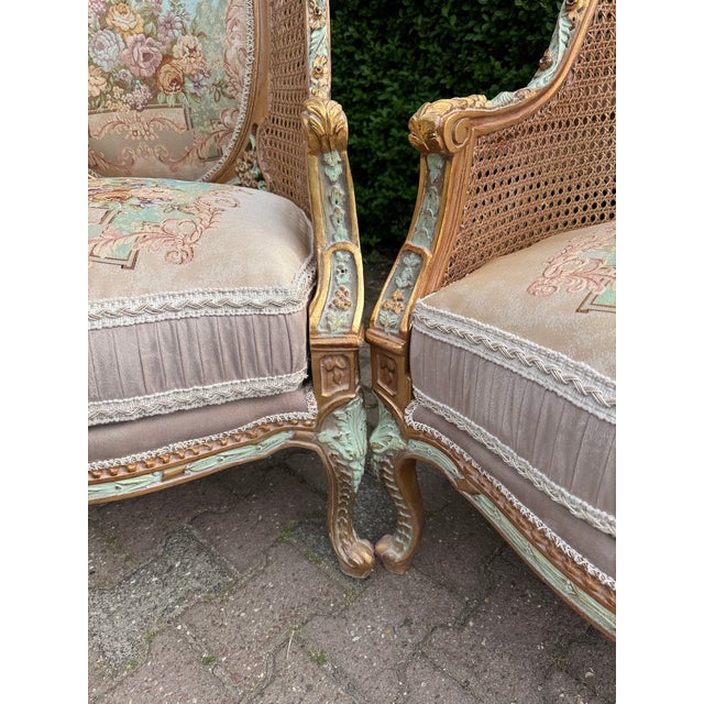 1940 French Louis XVI Pastel Beech Cane Bergères - Pair For Sale - Image 4 of 11
