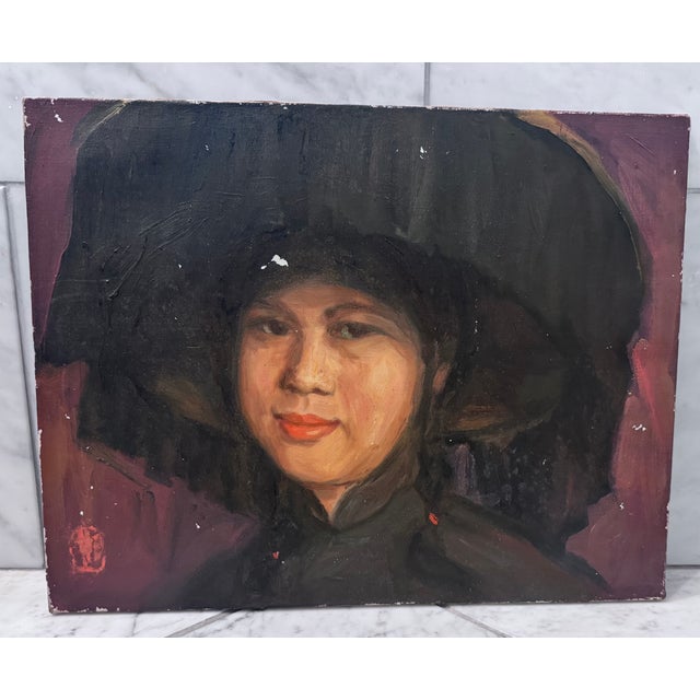 Portraiture Early 20th Century, Portrait of an Asian Woman, Oil on Canvas For Sale - Image 3 of 6