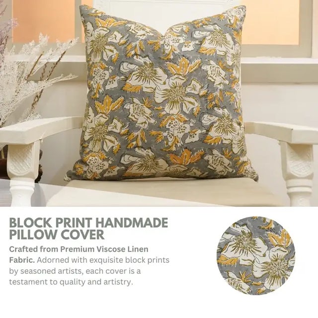 The Papaya Leaf cushion cover features a bold hand block print inspired by the organic form of tropical foliage, bringing...