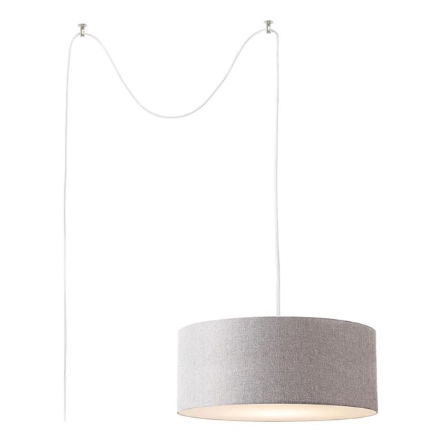 Stretch Swag Lamp, Cashmere Gray Linen Shade, Satin Nickel, for Living Room or Bedroom For Sale
