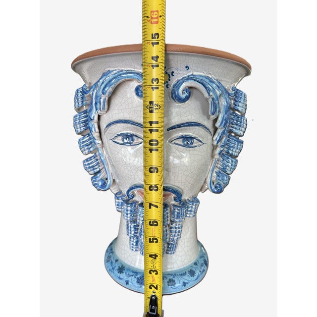 2000 - 2009 Large Italian Sicilian Moor's Head Ceramic Planter, Blue & White Majolica Style For Sale - Image 5 of 6