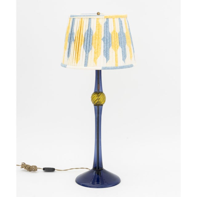 John Hutton for Donghia Murano Glass Lamp, blue column with yellow globe detail, blue and yellow Ikat lampshade. 27.5" H x...