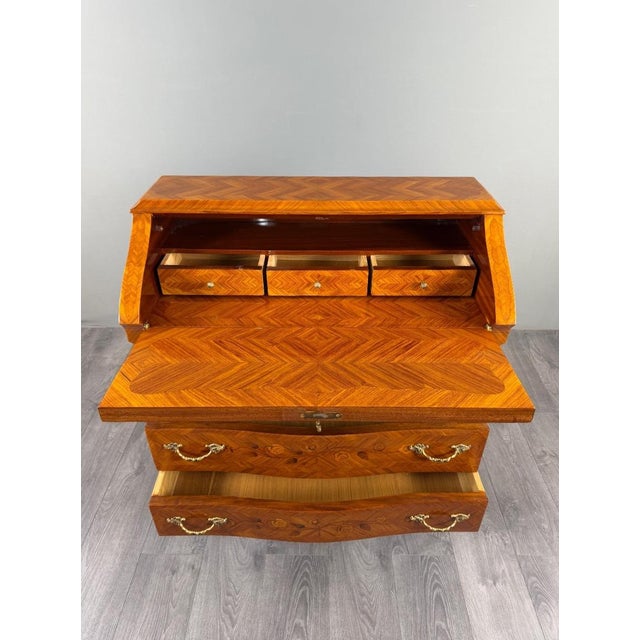 19th Century Louis XV Drop-Front Secretary Desk in Veneered and Inlaid Wood, 1890s For Sale - Image 4 of 13