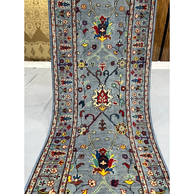 Art Deco Blue Gray Persian-Style Floral Wool Runner Rug, Natural Dyes, 2'9" X 9'7" For Sale - Image 3 of 14