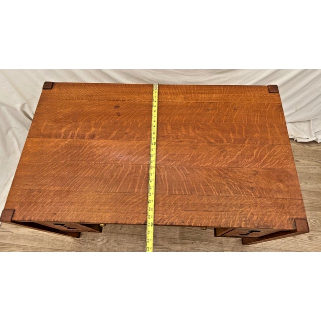 Antique Mission Arts and Crafts Library Desk, Drawer, Tiger Oak, Side Shelves For Sale - Image 10 of 12