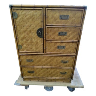 Vintage Dixie Rattan & Wicker Armoire With Brass Handles For Sale