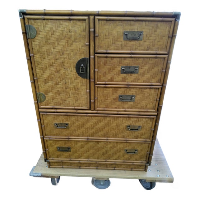 Vintage Dixie Rattan & Wicker Armoire With Brass Handles For Sale