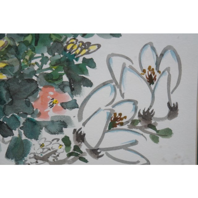 White Vintage Zhongxiang Liu Chinese Chinoiserie Botanical Floral Watercolor Painting For Sale - Image 8 of 11