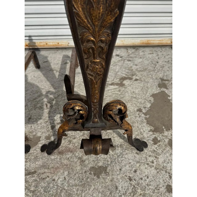 Pair of Early 19th Century Italian Gilt Wrought Iron Acanthus Andirons For Sale - Image 9 of 9