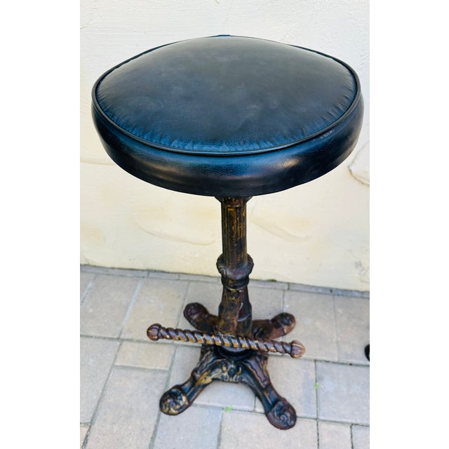 French Early 1900s Antique Heavy Cast Iron Bar Stools Barley Twist- A Pair For Sale - Image 3 of 14