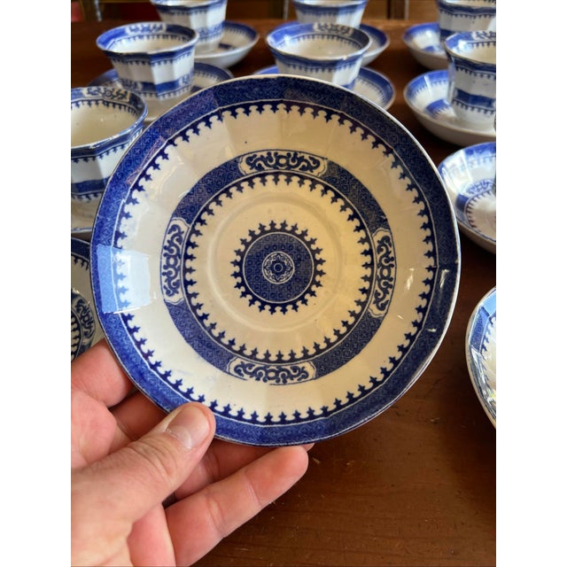 Mid 19th Century 12 Antique Blue Transfer Decorated Cup & Saucers, "Dagger Border" by J. Wedgwood For Sale - Image 9 of 12