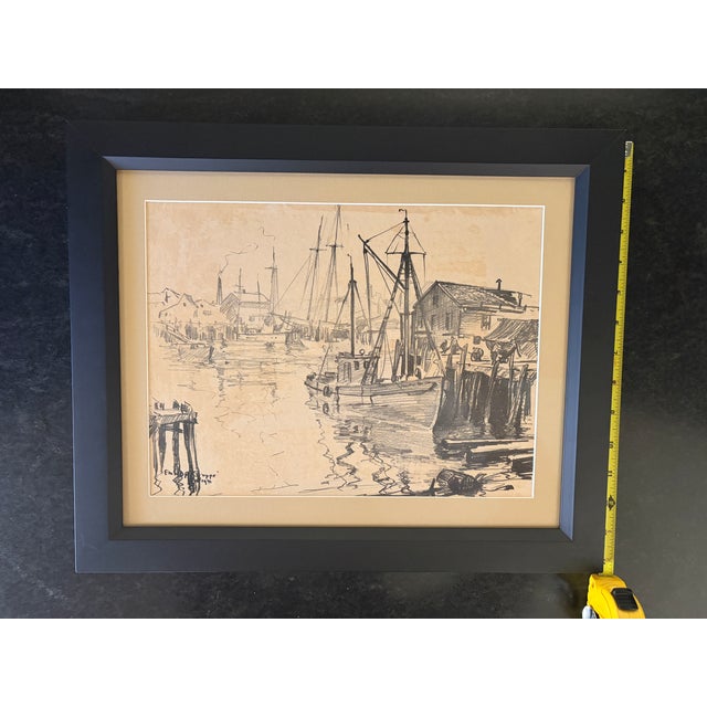 Black Emile A. Gruppe Original 1941 Harbor Drawing Signed Gloucester Scene Framed For Sale - Image 8 of 9