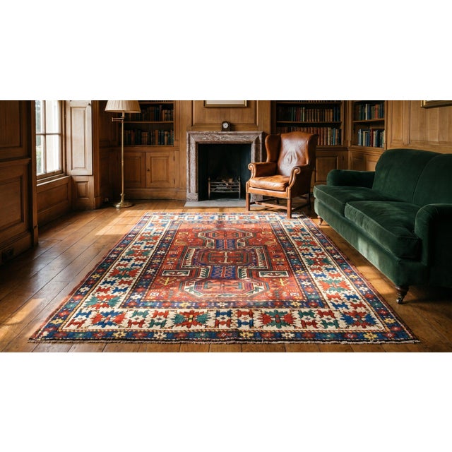 1890s Red Medallion Antique Caucasian Kazak Rug 4'6" X 5'9" Handknotted Wool Carpet For Sale In New York - Image 6 of 8
