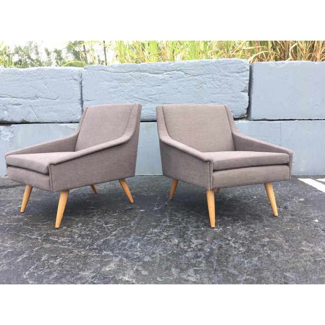 Early 21st Century Danish Modern Gray Fabric & Oak Leg Lounge Chairs - A Pair For Sale - Image 13 of 13
