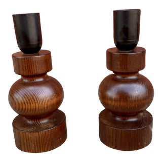 Pair of Swedish Freeform Table Lamps, Solid Turned Stained Pine, Sweden, 1960s For Sale