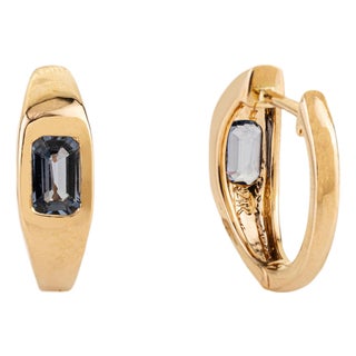 Vintage-Style 14k Gold Emerald-Cut Blue Sapphire Huggie Hoop Earrings- A Pair For Sale