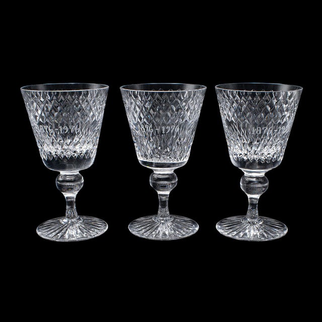 This is a set of 6 vintage claret glasses. A Swedish, crystal wine goblet with Centenary detail, dating to the late 20th...